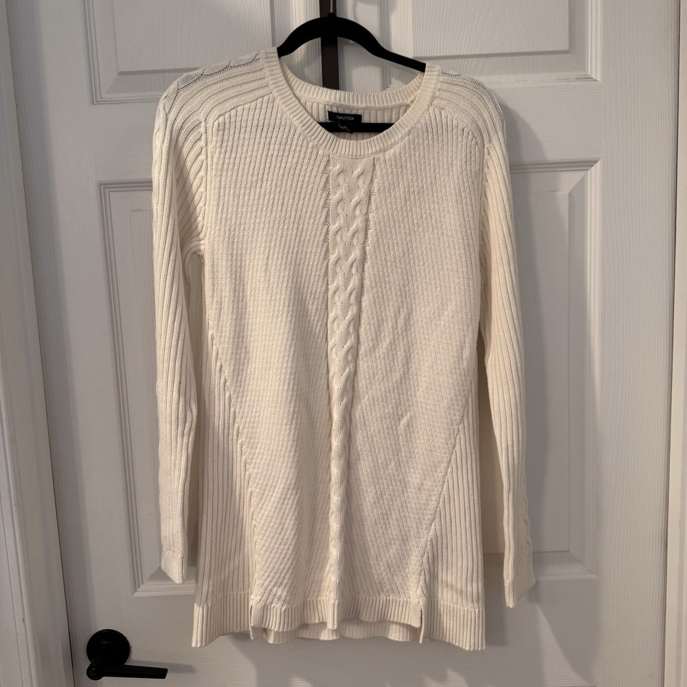 Nautica Women's Creme/White Cable Knit Sweater Size XL  100% Cotton Nautical‎